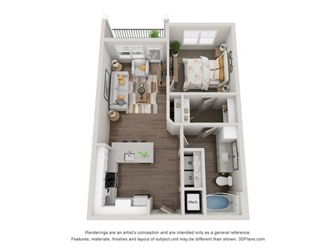 Floor plan for 1 bed, 1 bath, 697 sqft